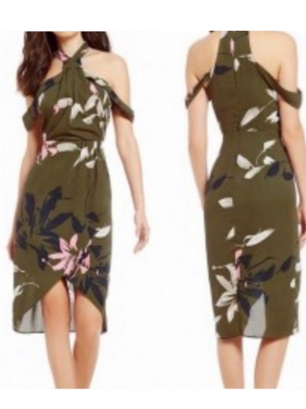 NWT H by Halston Draped Halter Dress in Olive Green Floral Print 10
